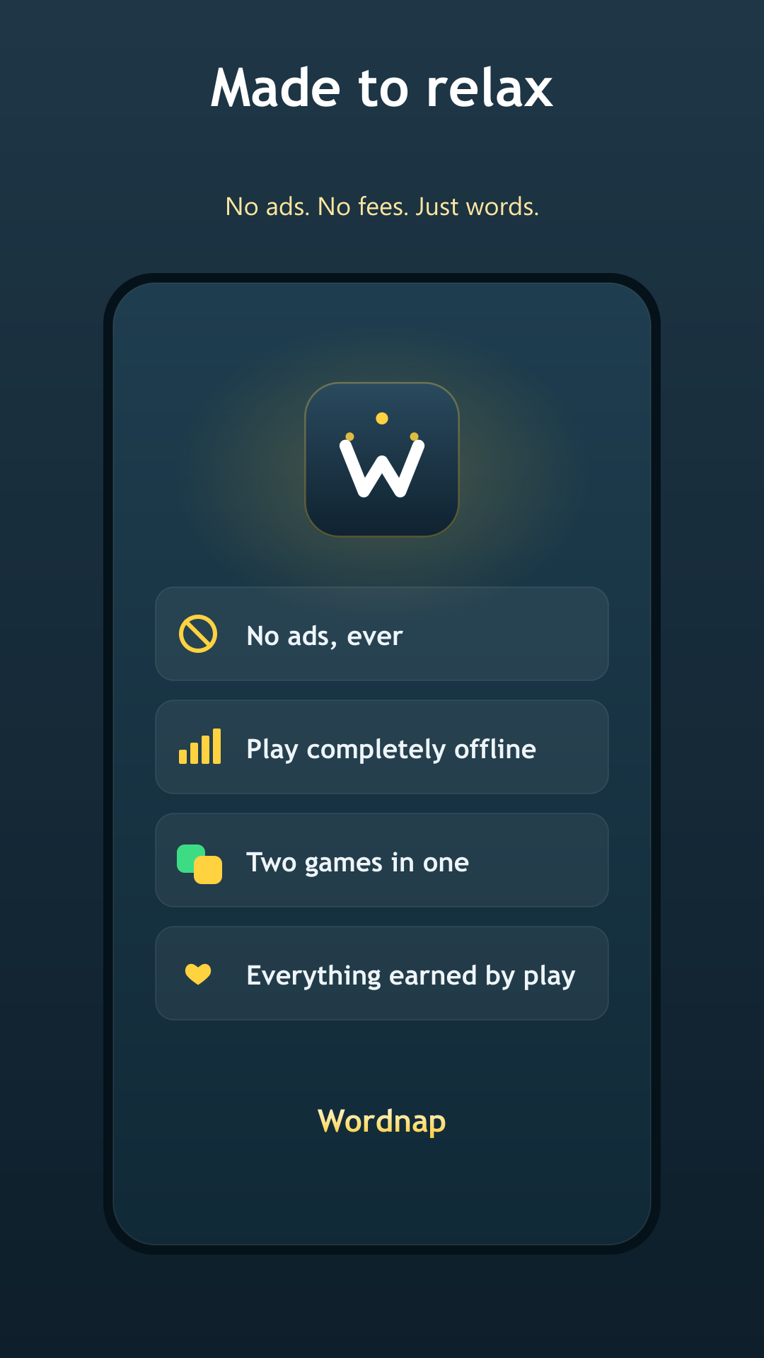 Wordnap features: no ads, offline, two games